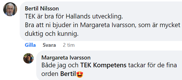 Bertil Nilsson berömmer TEK och Margareta